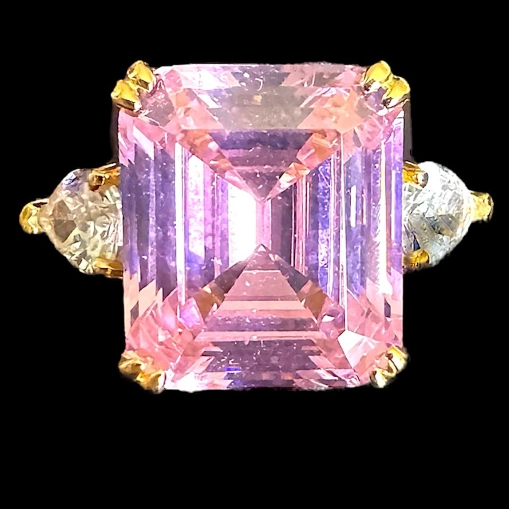 Genuine Lab Pink Tourmaline and CZ Sterling Silver Vermeil Emerald Ring Size 8